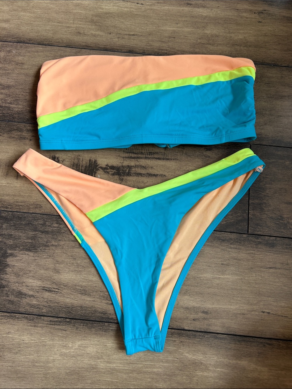 Colorblock Bandeau Bikini Set in Peach, Turquoise & neon yellow